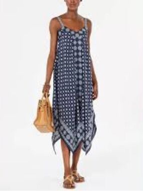 Michael Kors Casablanca Dress Border Print Handkerchief Hem Navy S